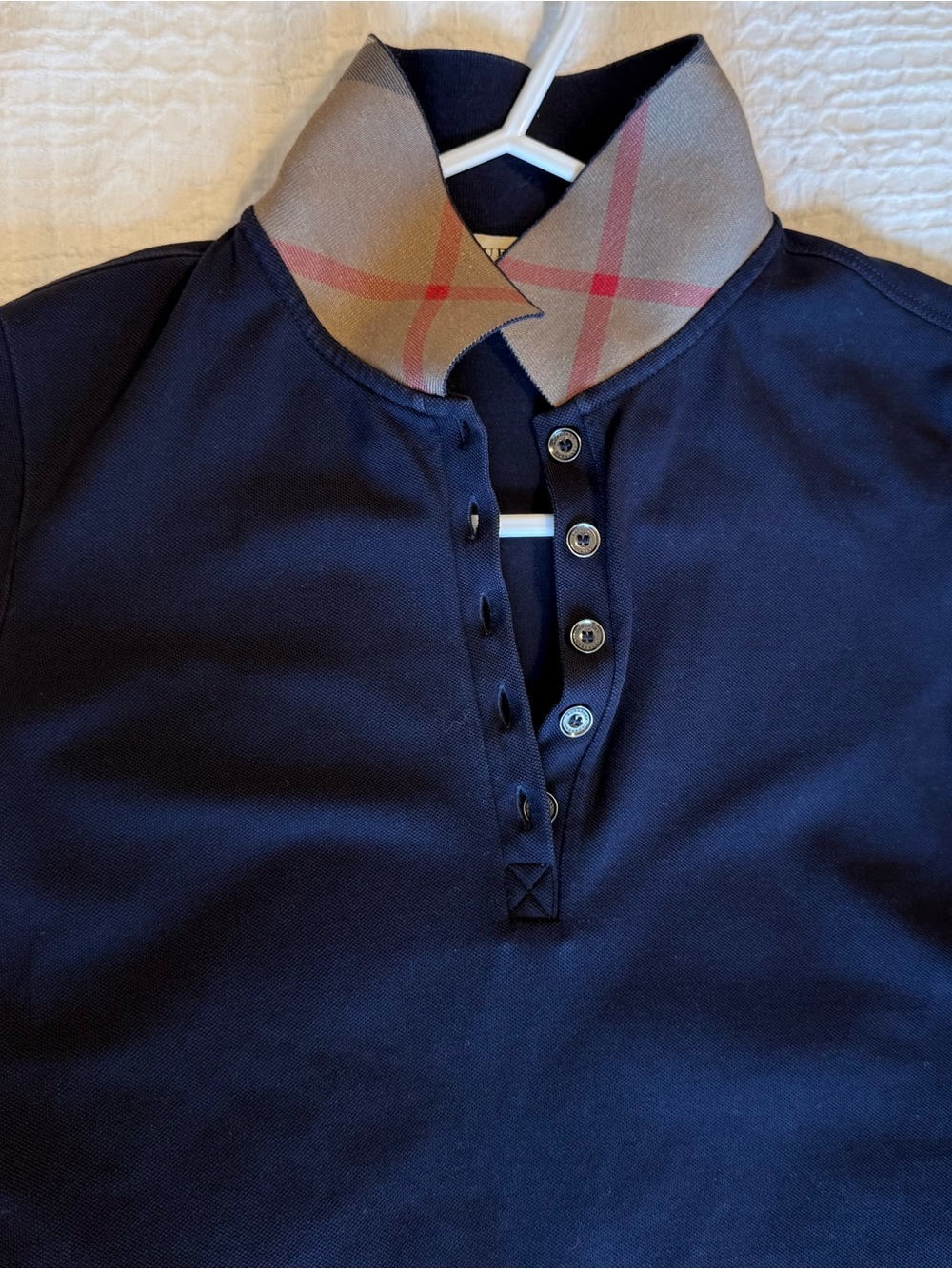 Burberry Navy Polo with Signature Check Collar - Picture 2 of 6